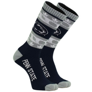 navy, white, and gray socks with Penn State, Athletic Logo, pumpkins, and leaves